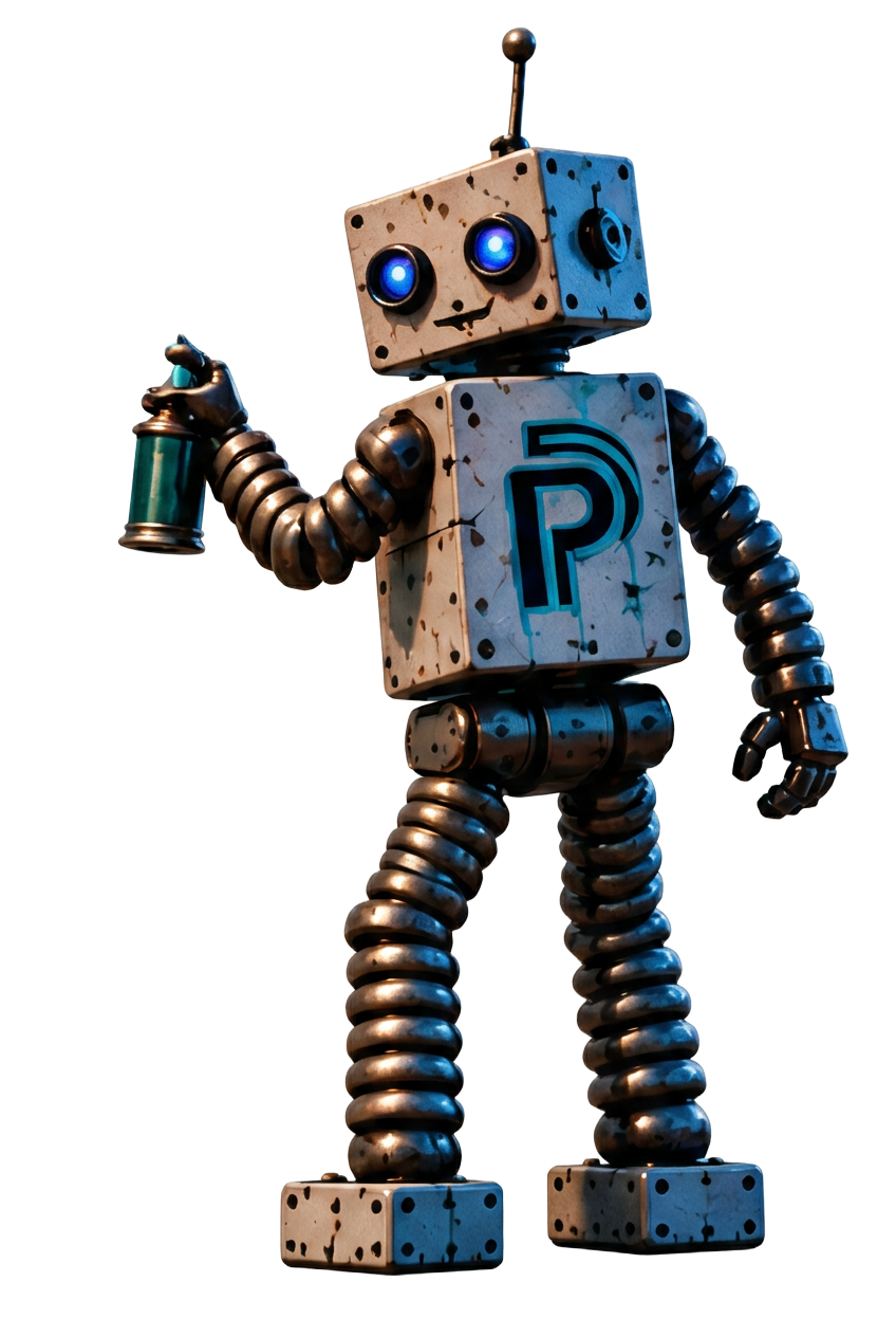 Retro-industrial Profluence robot holding a spray can