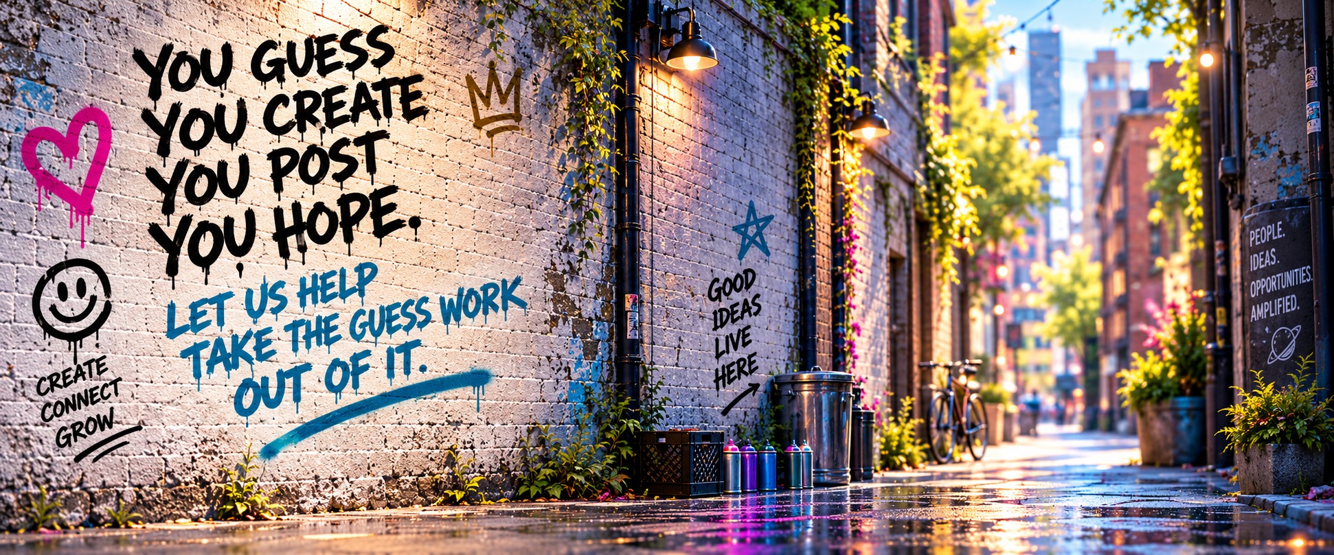A warm sunlit brick alley covered with the Profluence campaign graffiti